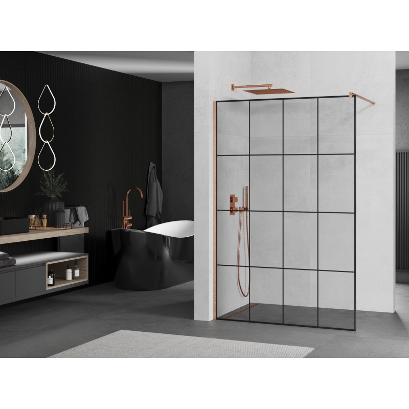 Mexen Kioto ścianka prysznicowa Walk-in 160 x 200 cm, czarna kratka 8 mm, miedź szczotkowana - 800-160-101-65-77