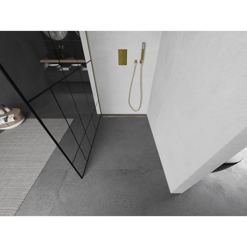 Mexen Kioto dušisein Walk-in 90 x 200 cm, must muster 8 mm, kuldne harjatud - 800-090-101-55-78