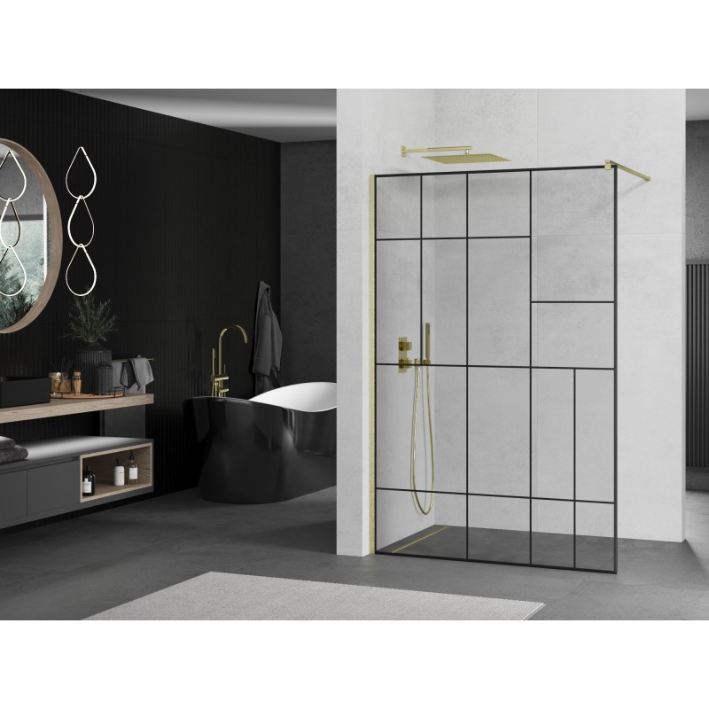Mexen Kioto ścianka prysznicowa Walk-in 130 x 200 cm, czarny wzór 8 mm, złota szczotkowana - 800-130-101-55-78