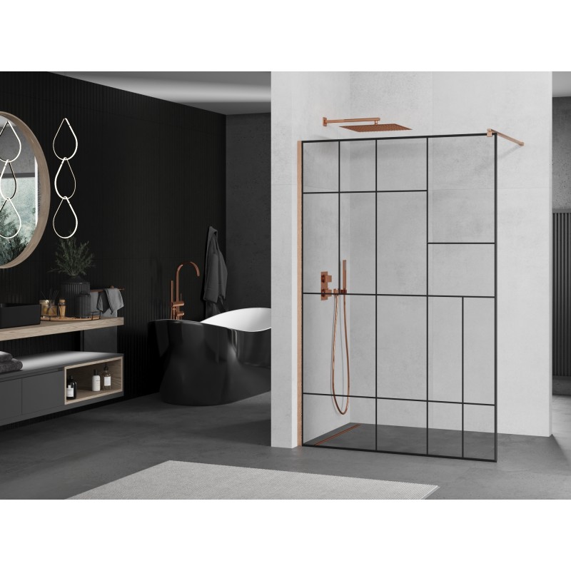 Mexen Kioto ścianka prysznicowa Walk-in 70 x 200 cm, czarny wzór 8 mm, miedź szczotkowana - 800-070-101-65-78