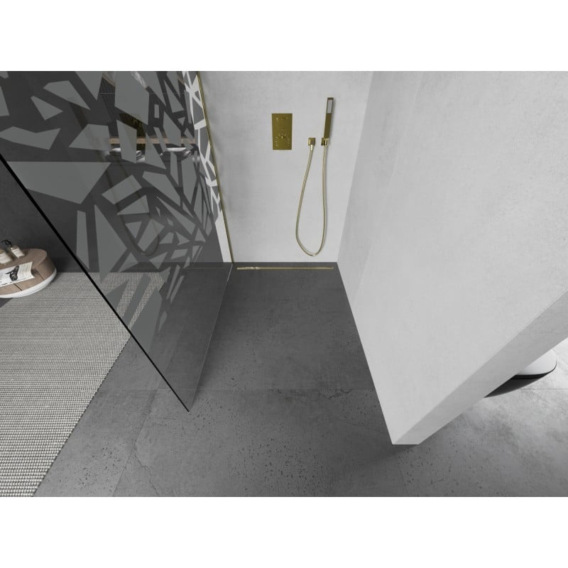 Mexen Kioto parede de chuveiro Walk-in 100 x 200 cm, padrão branco 8 mm, dourado escovado - 800-100-101-55-85
