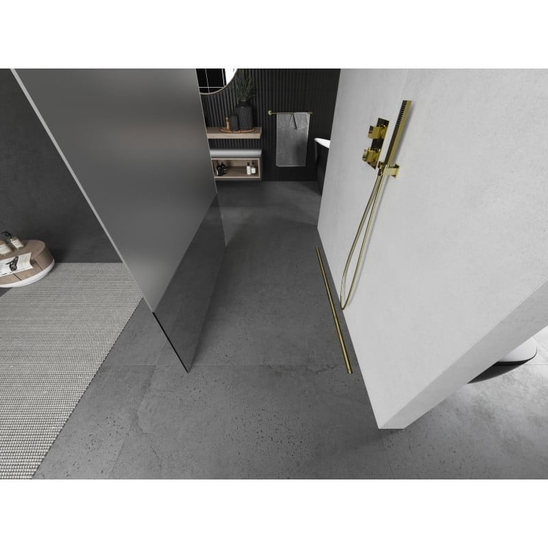 Mexen Kioto freestanding shower wall 140 x 200 cm, transparent/frosted 8 mm, brushed gold - 800-140-002-55-35