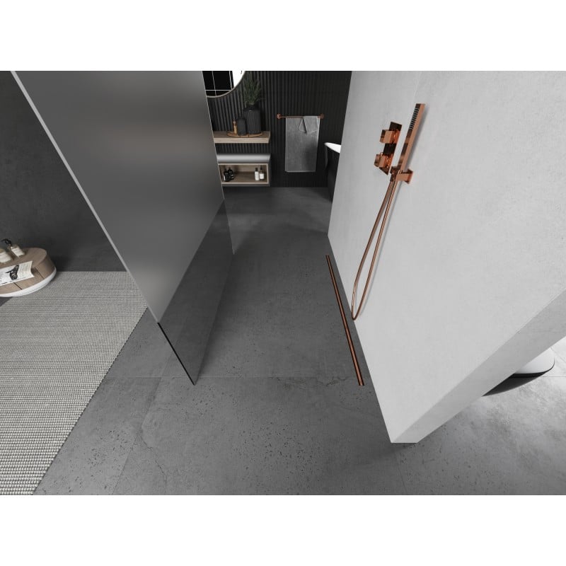 Mexen Kioto vapaasti seisova suihkuseinä 110 x 200 cm, kirkas/huurre 8 mm, harjattu kupari - 800-110-002-65-35