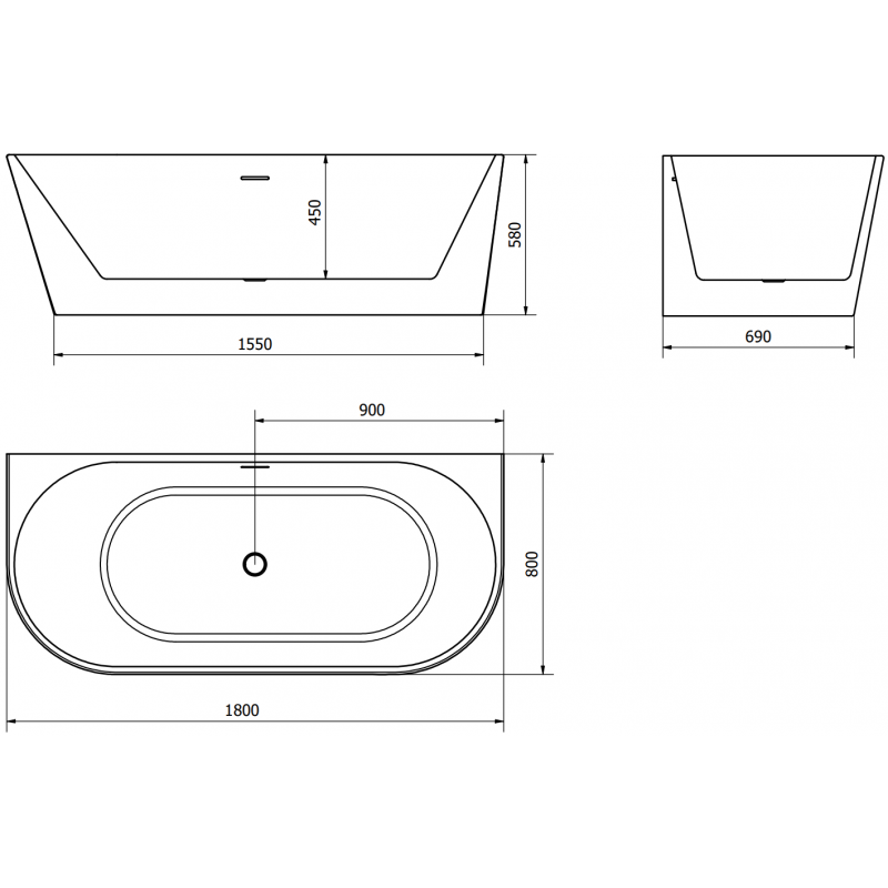 Mexen Oval vasca da bagno indipendente a parete 180 x 80 cm, bianca, troppopieno nero - 52671808000-70