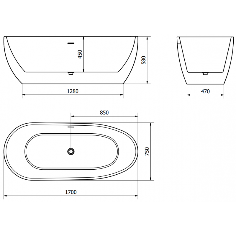 Mexen Eos vasca da bagno indipendente 170 x 75 cm, bianca/nera, troppopieno nichel spazzolato - 52471707575-97