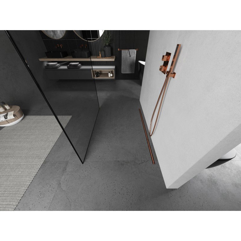 Mexen Kioto mampara de ducha independiente 130 x 200 cm, marco negro 8 mm, cobre cepillado - 800-130-002-65-70
