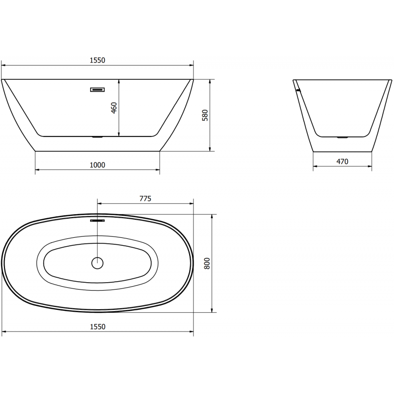Mexen Eris bañera exenta 155 x 80 cm, blanca, rebosadero gris oscuro cepillado - 53441558000-66