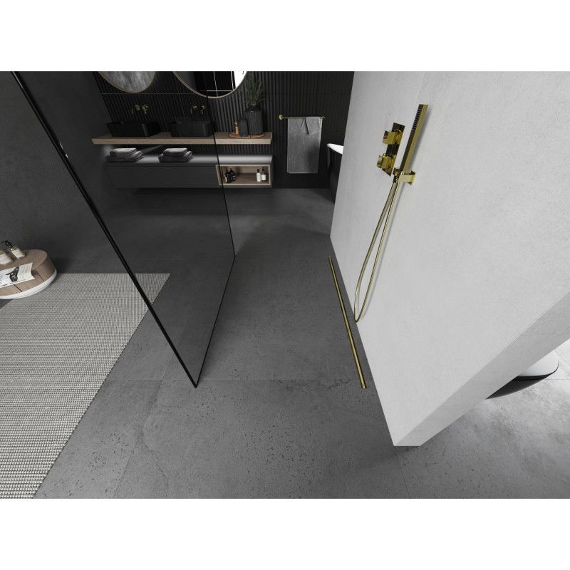 Mexen Kioto vrijstaande douchewand 120 x 200 cm, zwart kader 8 mm, geborsteld goud - 800-120-002-55-70