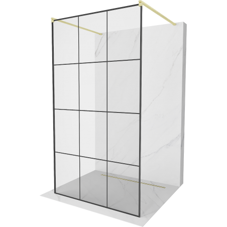 Mexen Kioto freestanding shower wall 100 x 200 cm, black grid 8 mm, brushed gold - 800-100-002-55-77