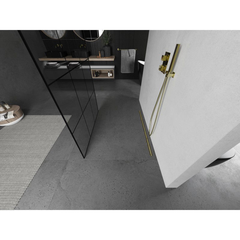 Mexen Kioto Parete doccia autoportante 100 x 200 cm, griglia nera 8 mm, oro spazzolato - 800-100-002-55-77