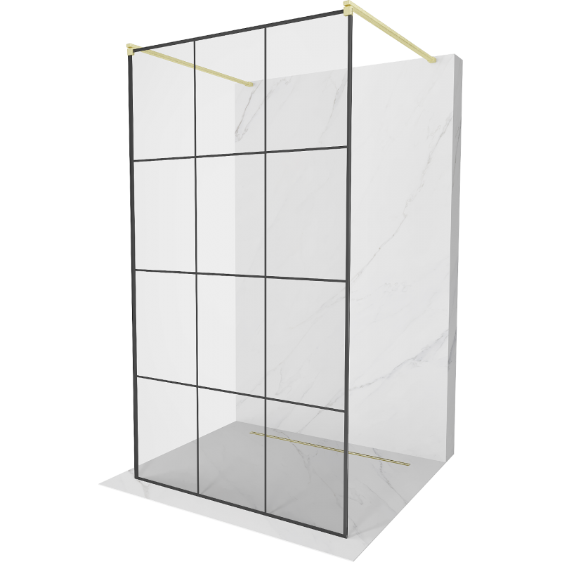 Mexen Kioto vapaasti seisova suihkuseinä 120 x 200 cm, musta ruudukko 8 mm, harjattu kulta - 800-120-002-55-77