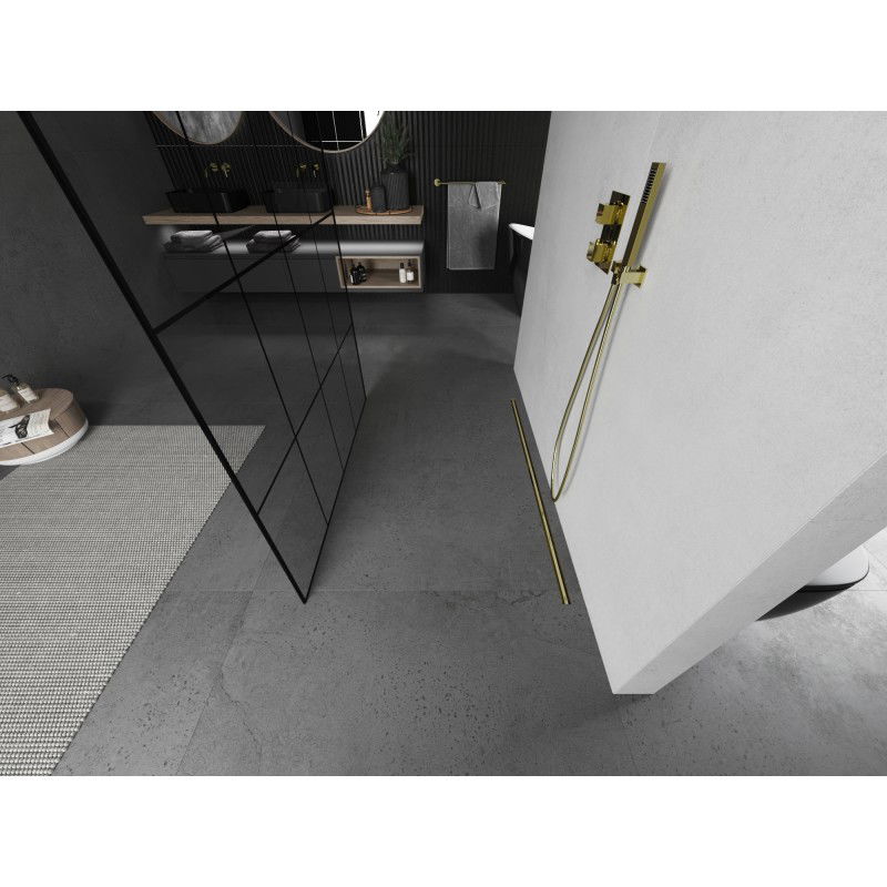 Mexen Kioto vrijstaande douchewand 140 x 200 cm, zwart raster 8 mm, geborsteld goud - 800-140-002-55-77