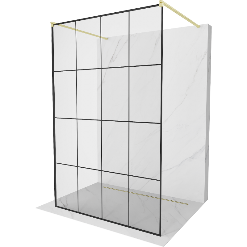 Mexen Kioto vapaasti seisova suihkuseinä 150 x 200 cm, musta ruudukko 8 mm, harjattu kulta - 800-150-002-55-77