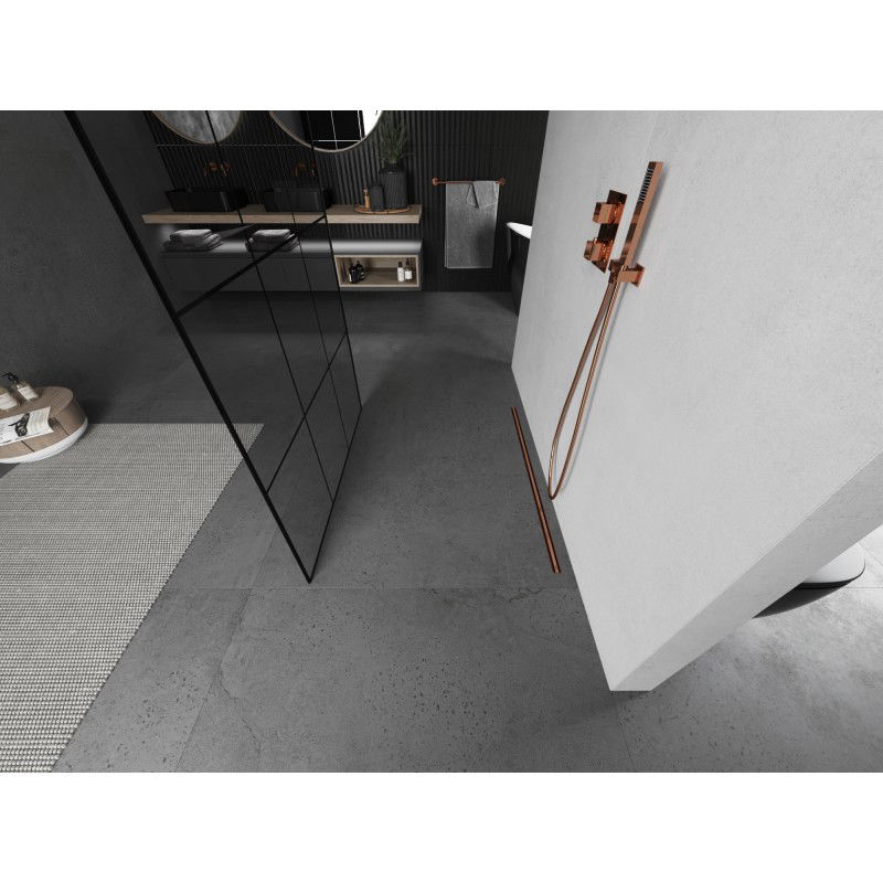 Mexen Kioto parete doccia autoportante 100 x 200 cm, griglia nera 8 mm, rame spazzolato - 800-100-002-65-77