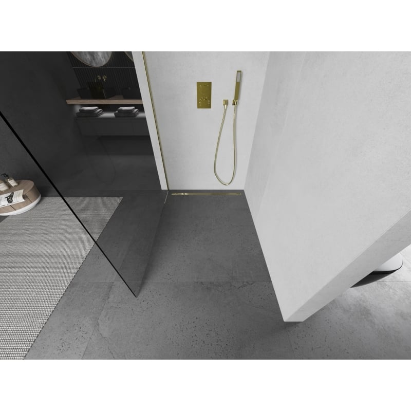 Mexen Kioto L Staklena tuš stijena Walk-in 90 x 200 cm, prozirna, zlatno brušena - 800-090-103-55-00