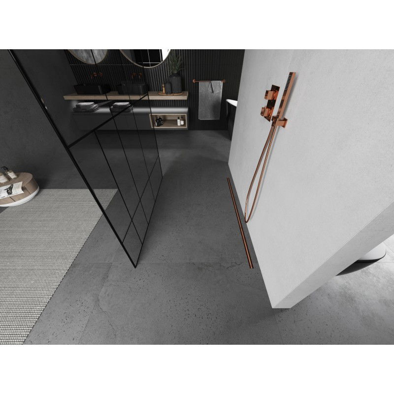 Mexen Kioto freistehende Duschwand 130 x 200 cm, schwarzes Muster 8 mm, gebürstetes Kupfer - 800-130-002-65-78