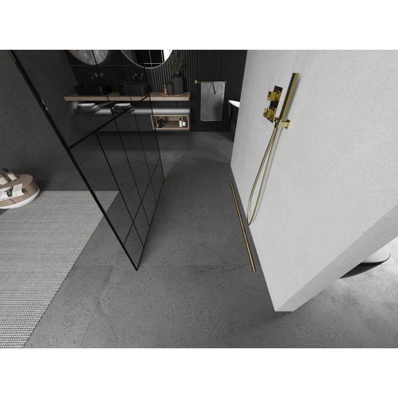 Mexen Kioto paroi de douche autoportante 140 x 200 cm, motif noir 8 mm, or brossé - 800-140-002-55-78