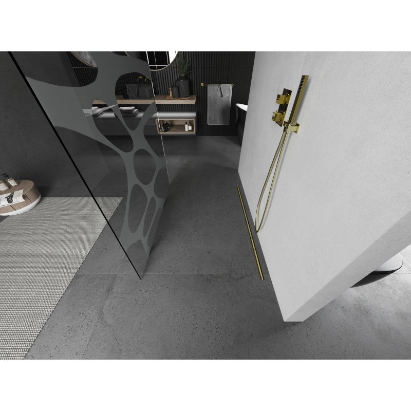 Mexen Kioto fräistehend Duschmauer 140 x 200 cm, wäiss Welle 8 mm, gold gebotzt - 800-140-002-55-97