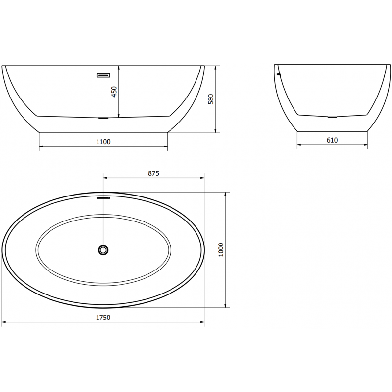 Mexen Nike baignoire autoportante 175 x 100 cm, blanche/noire, trop-plein doré brossé - 54071751075-55