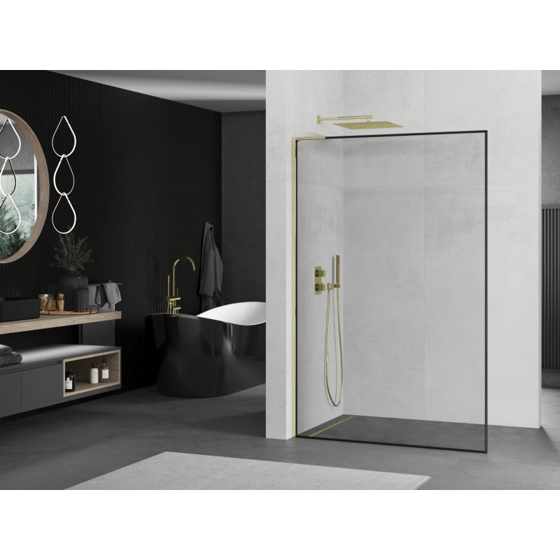 Mexen Kioto L Shower Wall Walk-in 90 x 200 cm, Black Frame, Gold - 800-090-103-50-70