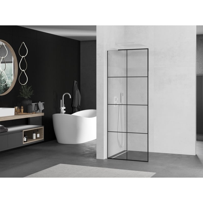 Mexen Kioto L ścianka prysznicowa Walk-in 80 x 200 cm, czarna kratka, biała - 800-080-103-20-77
