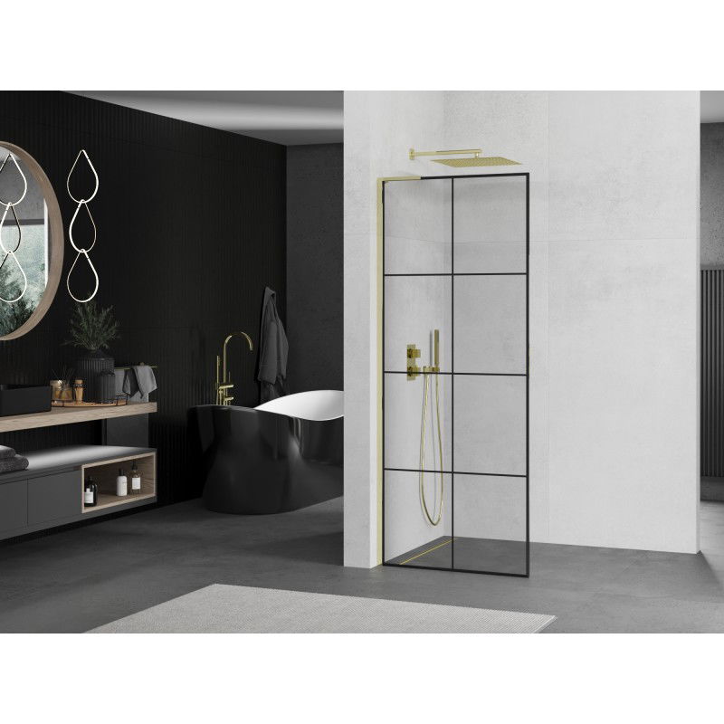 Mexen Kioto L Douchewand Walk-in 80 x 200 cm, zwart raster, goud - 800-080-103-50-77