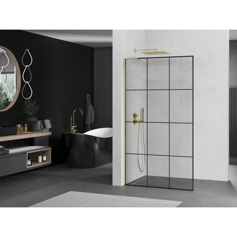 Mexen Kioto L ścianka prysznicowa Walk-in 120 x 200 cm, czarna kratka, złota - 800-120-103-50-77