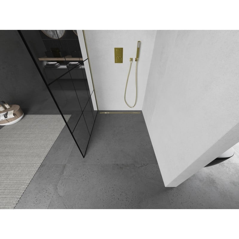 Mexen Kioto L paroi de douche Walk-in 120 x 200 cm, motif grille noire, dorée brossée - 800-120-103-55-77
