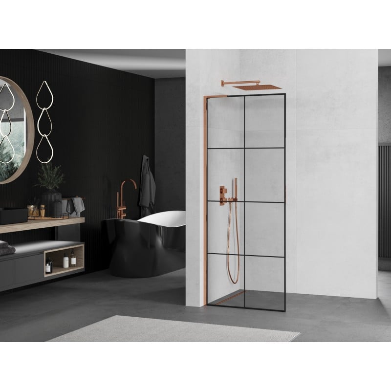Mexen Kioto L panel de ducha Walk-in 80 x 200 cm, cuadrícula negra, oro rosa - 800-080-103-60-77