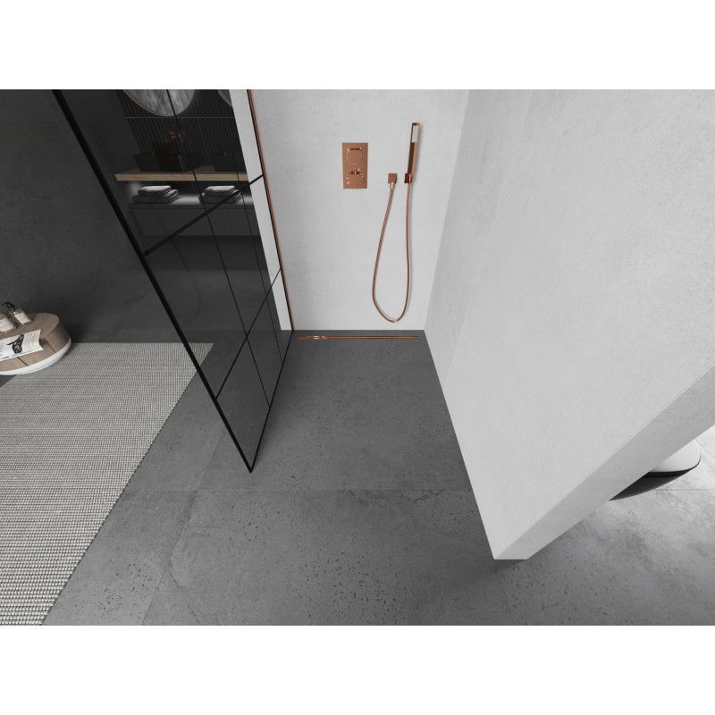 Mexen Kioto L Γυάλινος τοίχος ντους Walk-in 110 x 200 cm, μαύρο πλέγμα, ροζ χρυσό