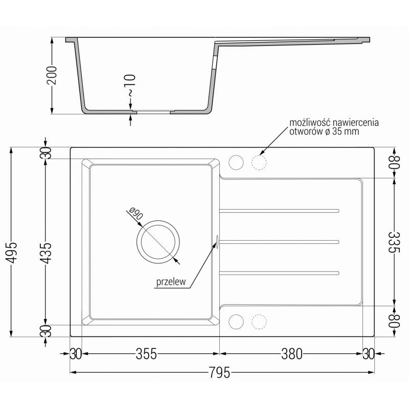 Mexen Bruno Granitspüle 1-Becken mit Abtropffläche 795 x 495 mm, weiß, Siphon Chrom - 6513791010-20