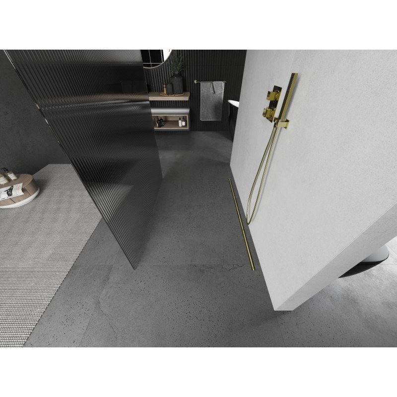 Mexen Kioto Fräi stoend Duschwand 100 x 200 cm, Sträifen 8 mm, gebiergt Gold - 800-100-002-55-09