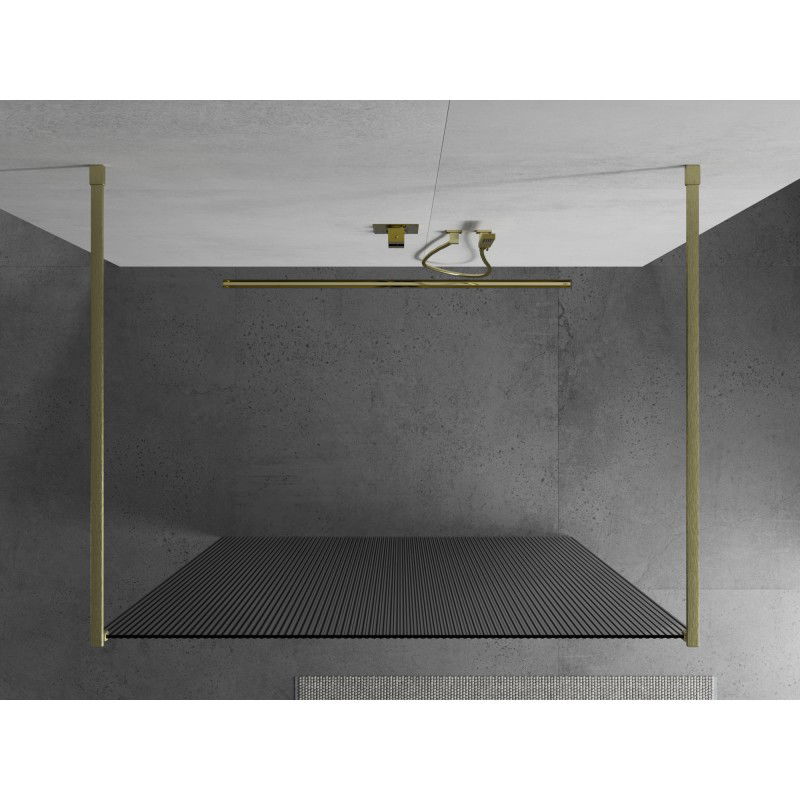 Mexen Kioto vrijstaande douchewand 100 x 200 cm, gestreept 8 mm, goud geborsteld - 800-100-002-55-09