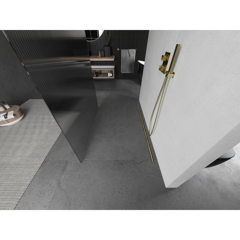 Mexen Kioto freestanding shower wall 130 x 200 cm, stripes 8 mm, brushed gold - 800-130-002-55-09