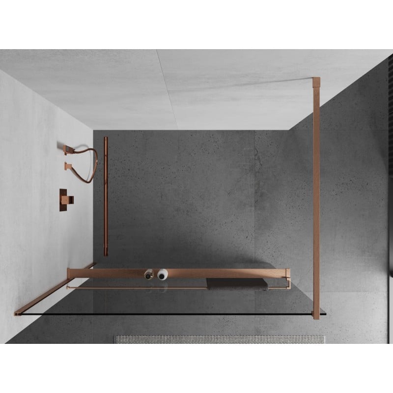 Mexen Kioto+ paroi de douche avec étagère Walk-in 130 x 200 cm, transparent, cuivre brossé - 800-130-121-65-00