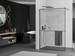 Mexen Kioto+ walk-in staklena stijena s policom 90 x 200 cm, crni okvir, brušeni gun gray - 800-090-121-66-70