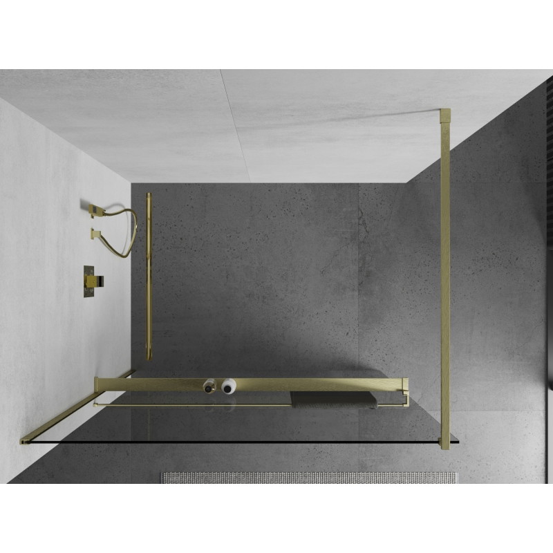Mexen Kioto+ dušinurk Walk-in riiuliga 115 x 200 cm, läbipaistev, harjatud kuld - 800-115-121-55-00