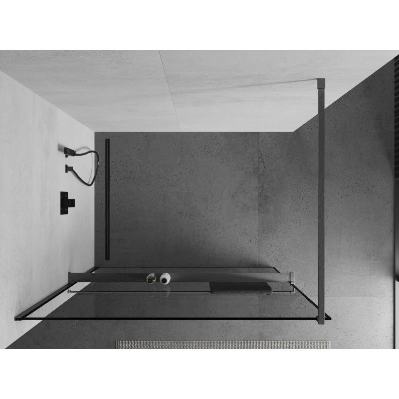 Mexen Kioto+ tabique de ducha con estante Walk-in 140 x 200 cm, marco negro, gris metálico cepillado - 800-140-121-66-70