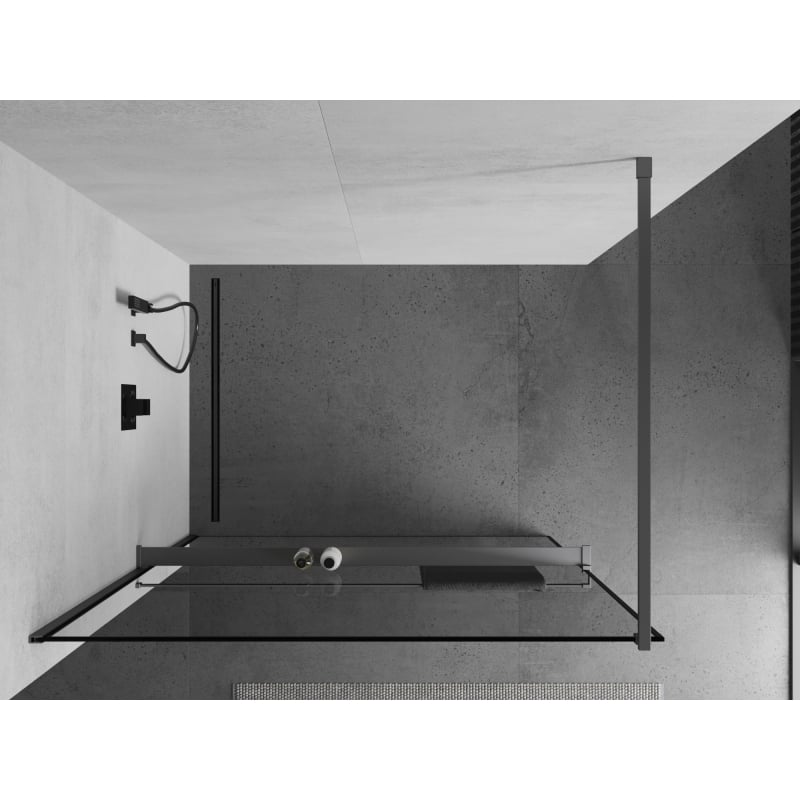 Mexen Kioto+ dušisein riiuliga Walk-in 90 x 200 cm, must raam, gun metal - 800-090-121-95-70