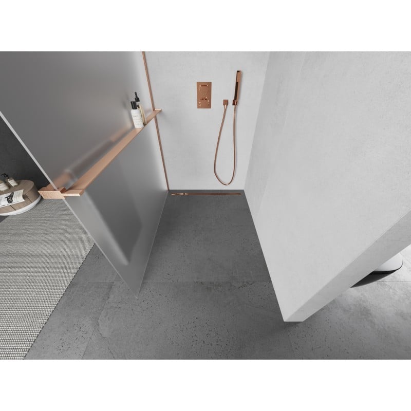 Mexen Kioto+ ścianka prysznicowa z półką Walk-in 80 x 200 cm, szron, miedź szczotkowana - 800-080-121-65-30