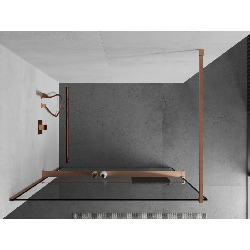 Mexen Kioto+ ścianka prysznicowa z półką Walk-in 80 x 200 cm, czarna ramka, miedź szczotkowana - 800-080-121-65-70