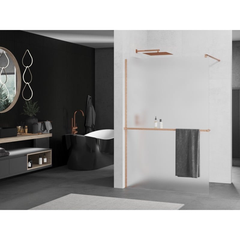 Mexen Kioto+ ścianka prysznicowa z półką Walk-in 100 x 200 cm, szron, miedź szczotkowana - 800-100-121-65-30