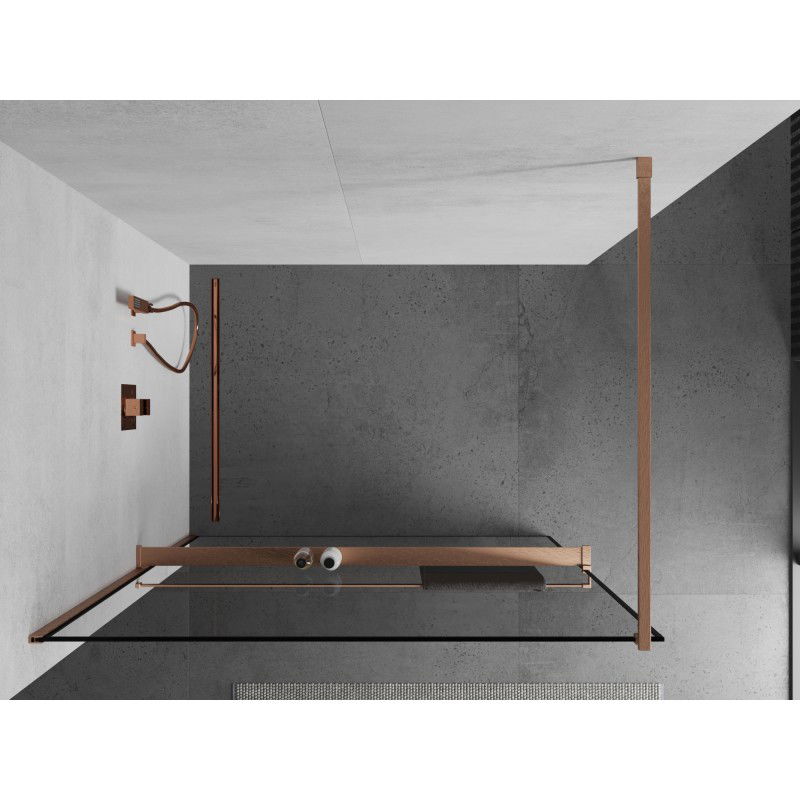 Mexen Kioto+ paroi de douche avec étagère Walk-in 110 x 200 cm, cadre noir, cuivre brossé - 800-110-121-65-70