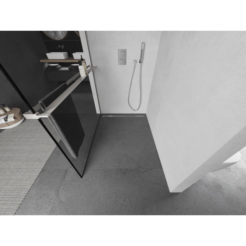 Mexen Kioto+ parede de duche com prateleira Walk-in 140 x 200 cm, moldura preta, níquel escovado - 800-140-121-97-70