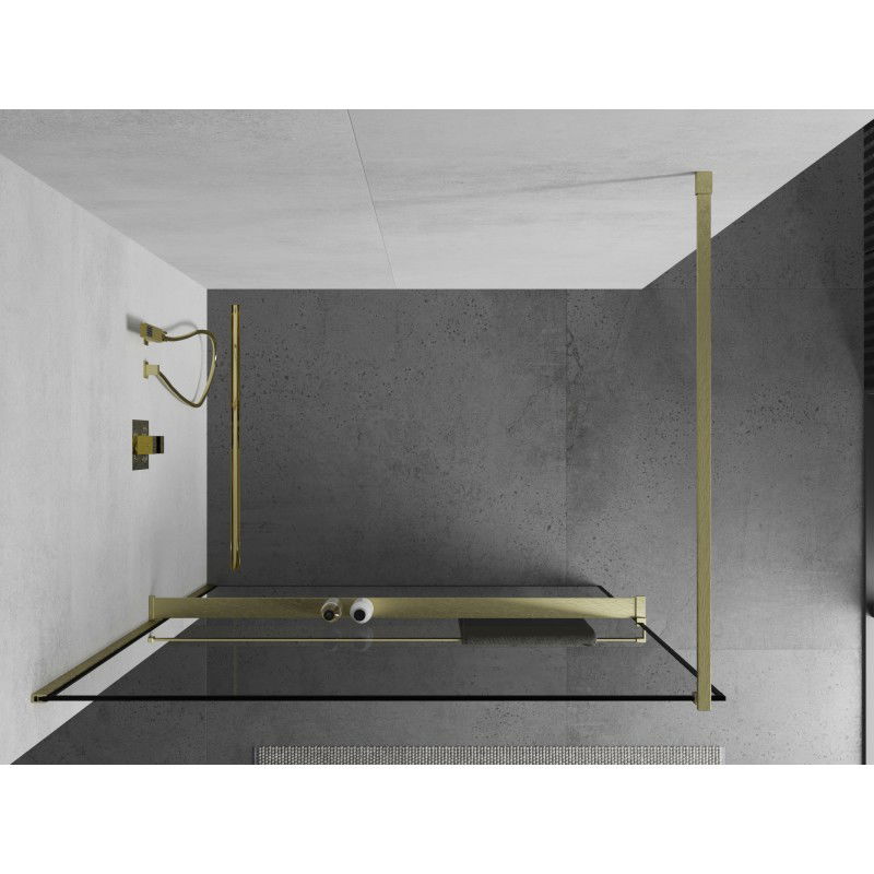 Mexen Kioto+ Duschwand mit Regal Walk-in 80 x 200 cm, schwarzer Rahmen, gebürstetes Gold - 800-080-121-55-70