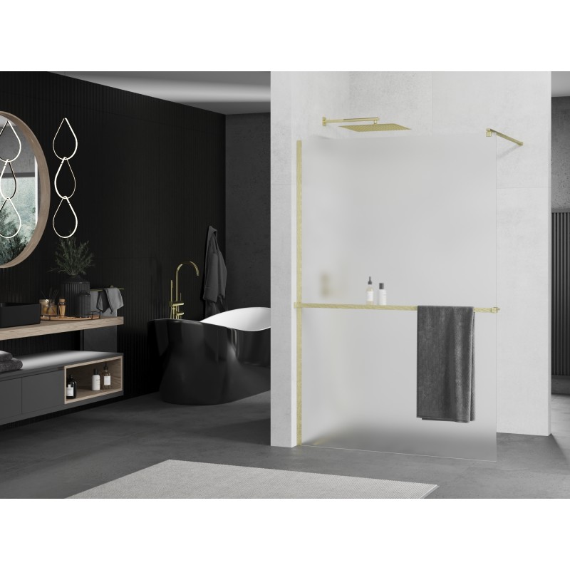 Mexen Kioto+ ścianka prysznicowa z półką Walk-in 100 x 200 cm, szron, złota szczotkowana - 800-100-121-55-30