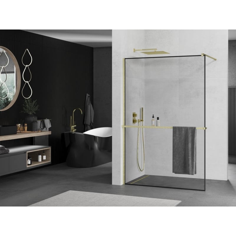 Mexen Kioto+ ścianka prysznicowa z półką Walk-in 100 x 200 cm, czarna ramka, złota szczotkowana - 800-100-121-55-70