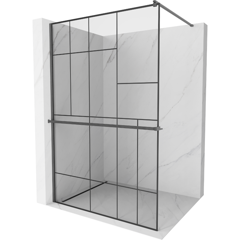 Mexen Kioto+ parede de duche com prateleira Walk-in 140 x 200 cm, padrão preto, cinza arma escovado - 800-140-121-66-78