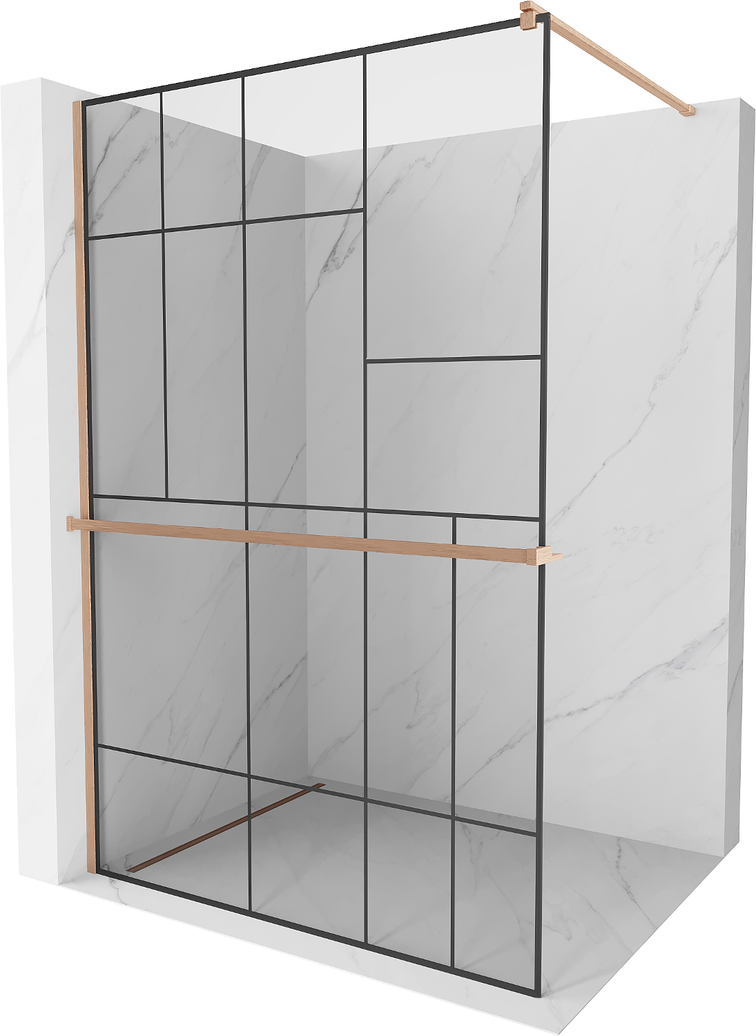 Mexen Kioto+ ścianka prysznicowa z półką Walk-in 80 x 200 cm, czarny wzór, miedź szczotkowana - 800-080-121-65-78