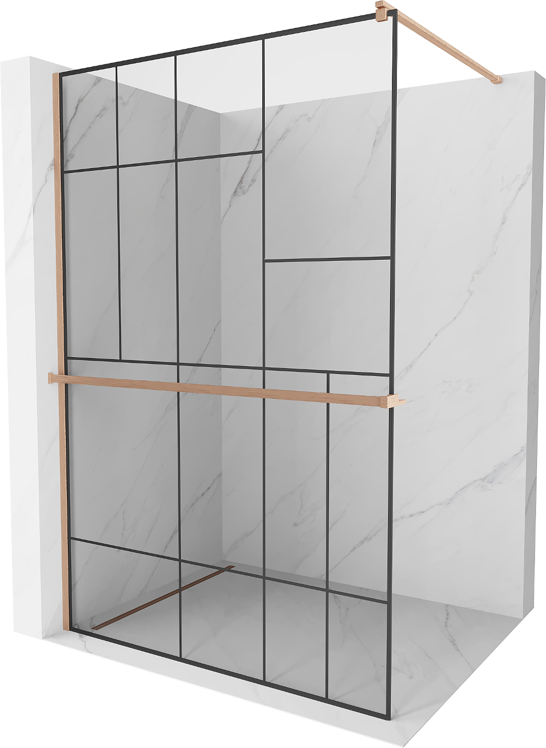 Mexen Kioto+ ścianka prysznicowa z półką Walk-in 140 x 200 cm, czarny wzór, miedź szczotkowana - 800-140-121-65-78